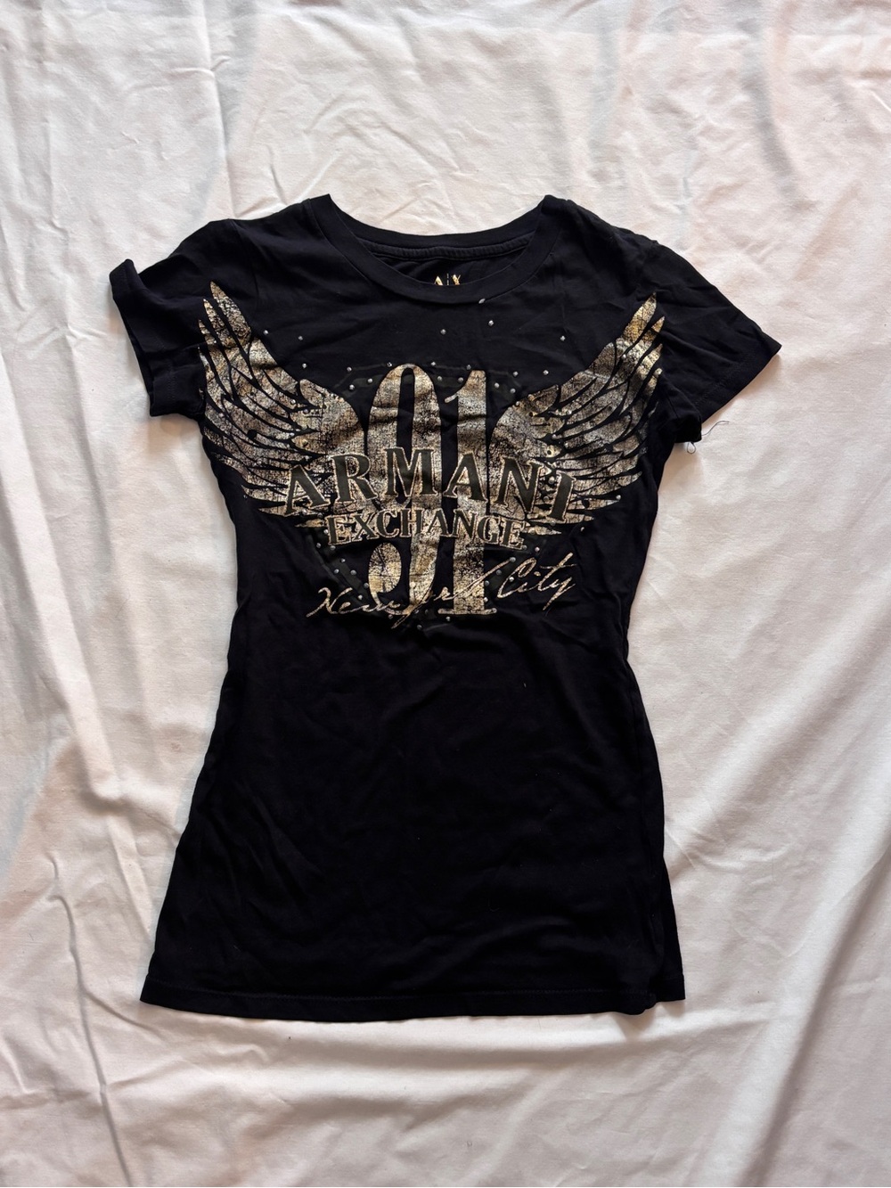 A/X Armani Exchange Black Short-Sleeve Tee with Metallic Wing Rhinestone 2000’s